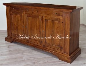 Handcrafted sideboard made of solid walnut with 3 Piedmontese style doors